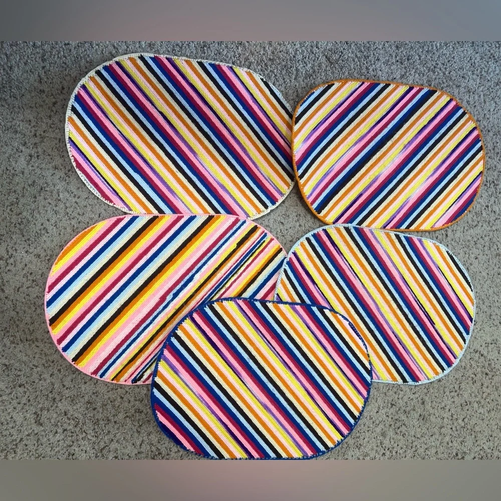 Vintage Set Of 5 Oval Stripes  Rainbow  Cotton Crochet Placemats  Set 1980s‎